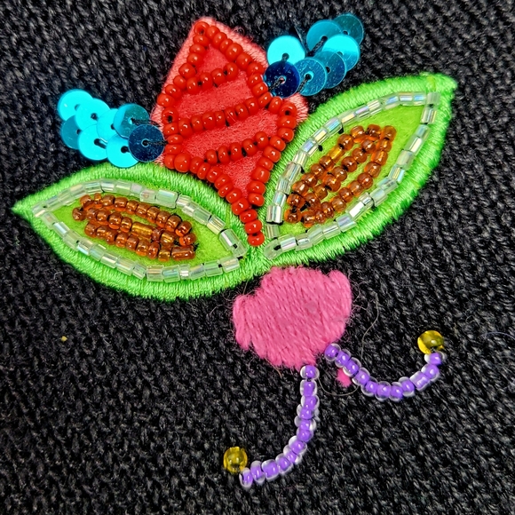 Vintage Quacker Factory Black Beaded Sequin Bumble Bee Cardigan Sweater Large - Picture 6 of 13